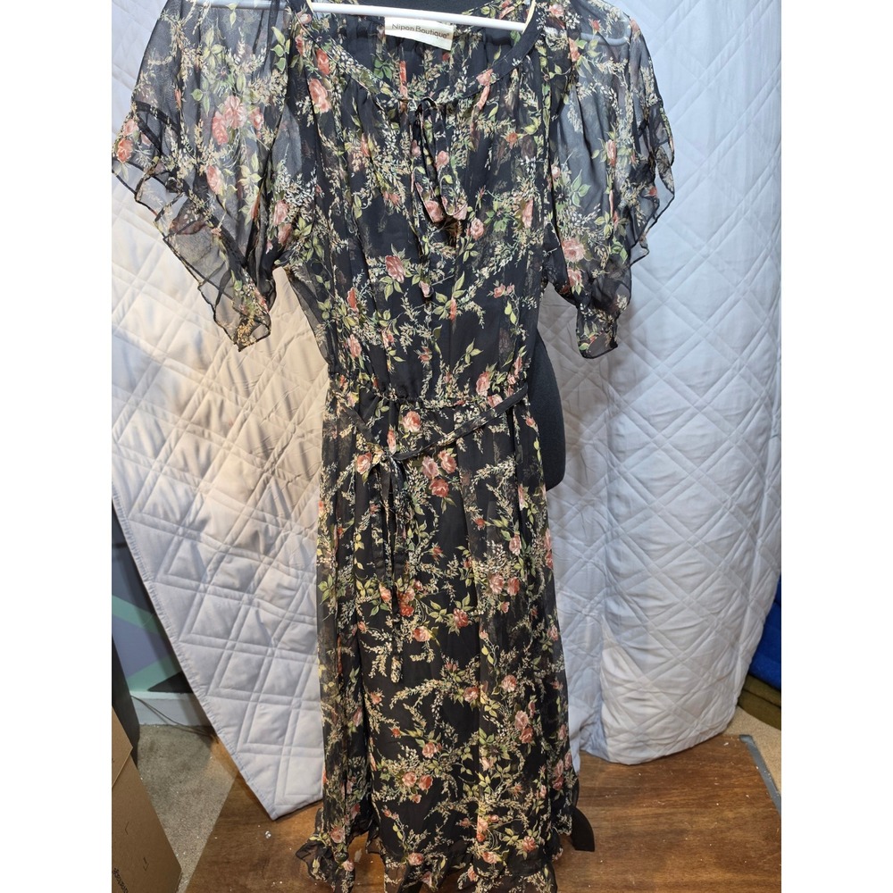 Nipon Boutique Vintage 2pc Floral Chiffon Midi Dress & Slip Set Black Pink Rose